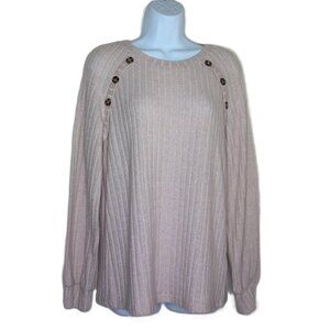 Automet Knit Top Ribbed Soft Long Sleeve Pink / Cream Casual Pullover Stretch  M